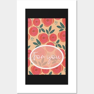 Greeting card For you. Roses are red, abstract pattern with red roses on a yellow striped bottom Posters and Art